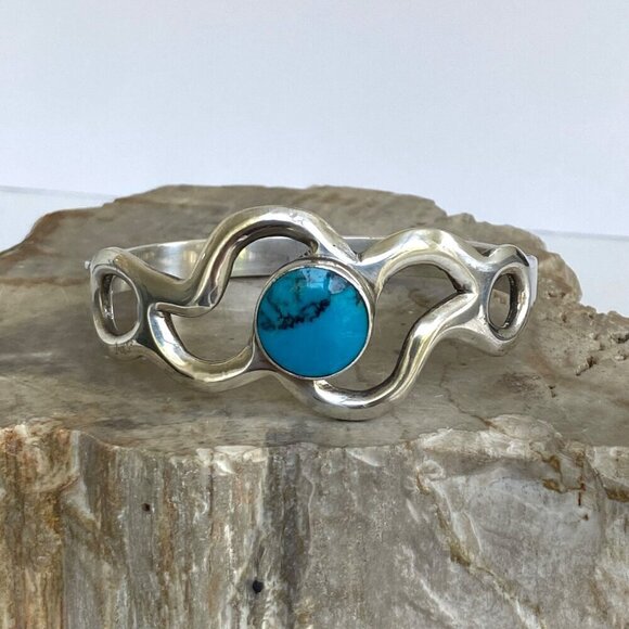 Taxco Sterling Silver Mexico Sandcast Turquoise Modernist Hinged Bangle Bracelet - Picture 13 of 16